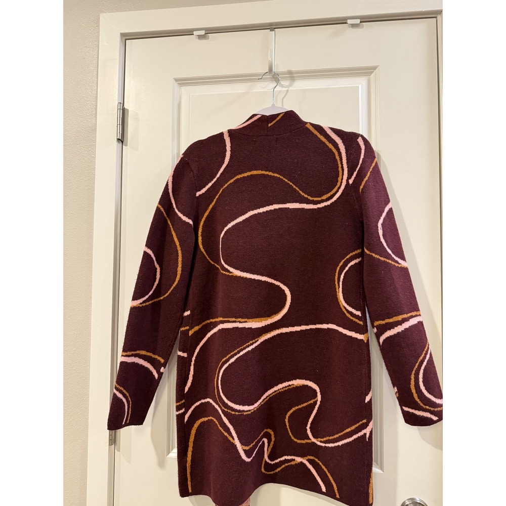 Nine West Womens Burgundy Abstract Swirl Open Front‎ Knit Cardigan Sweater XS - Picture 2 of 6